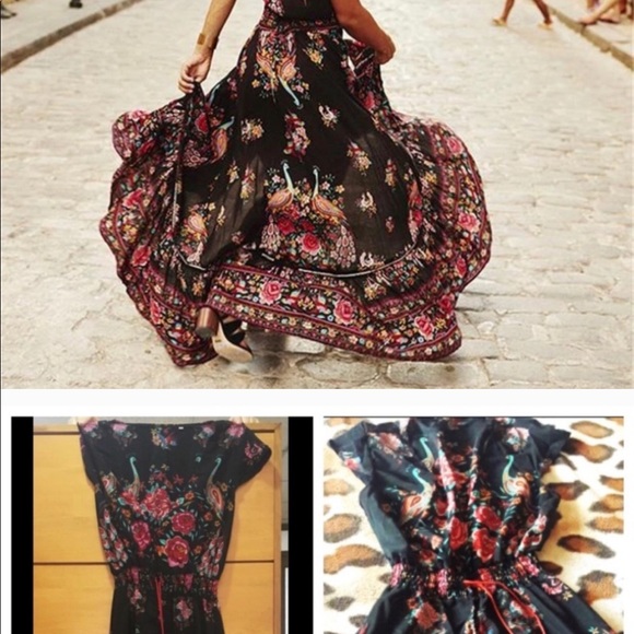 Boho Paradise Bird Asymmetrical Maxi Peasant Dress - Picture 2 of 3